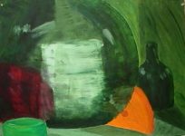 Groene fles in olieverf